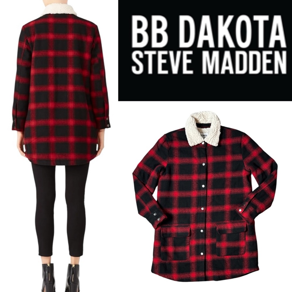 BB DAKOTA RED AND BLACK PLAID BUFFALO CHECK SHERPA COLLARED SHIRT JACKET